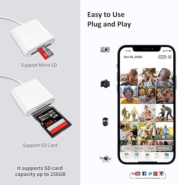 FUHAYA Lightning to SD Card Camera Reader for iPhone iPad Apple MFi Certified Veetone Dual Slot Micro SD SD Memory Card Adapter Plug and Play - View 3 of 9
