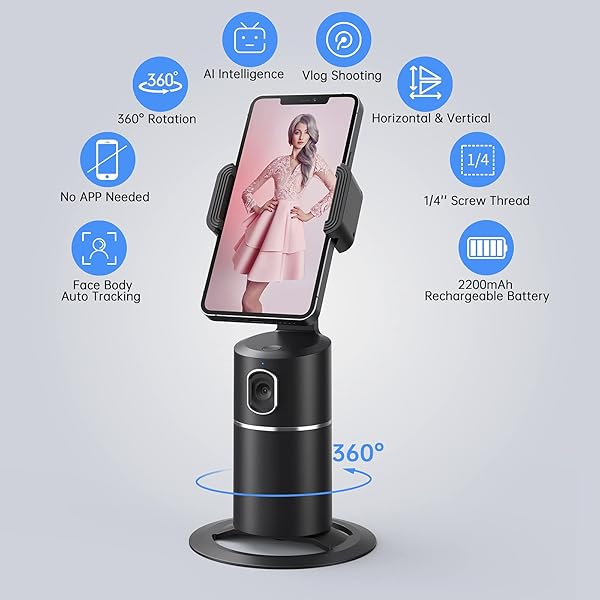 camrola Auto Face Tracking Phone Holder 360 Degree Rotation Tripod for Live Streaming Video Rechargeable Battery Black - View 3 of 8