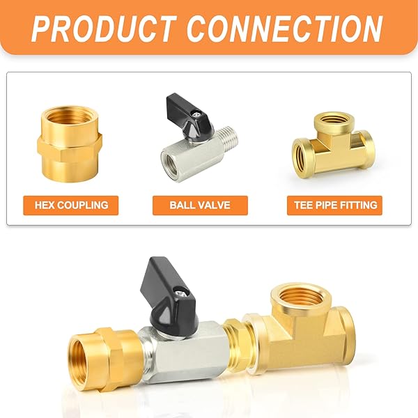 GASHER GASHER 8PCS Brass Pipe Fitting Set with Mini Ball Valves and Barstock Tee for Air Hose Connections - View 2 of 7