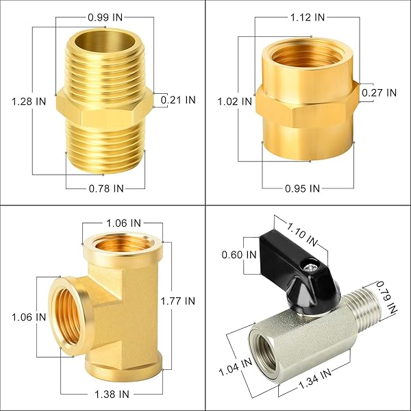GASHER GASHER 8PCS Brass Pipe Fitting Set with Mini Ball Valves and Barstock Tee for Air Hose Connections - View 4 of 7