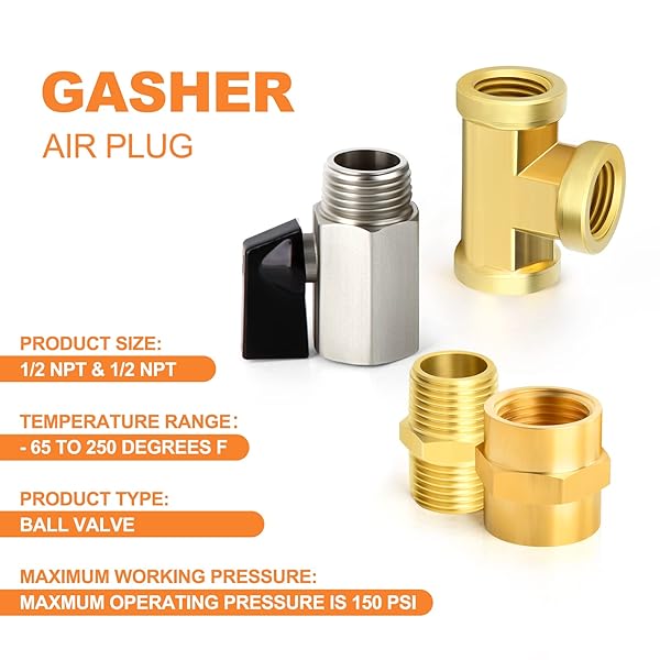 GASHER GASHER 8PCS Brass Pipe Fitting Set with Mini Ball Valves and Barstock Tee for Air Hose Connections - View 6 of 7
