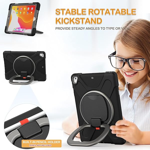 BRAECN BRAECN iPad 9.7 Inch Case 6th 5th Generation Air 2 Protective Silicone Cover with Pencil Holder Hand Grip Kickstand Shoulder Strap Black Grey - View 3 of 6