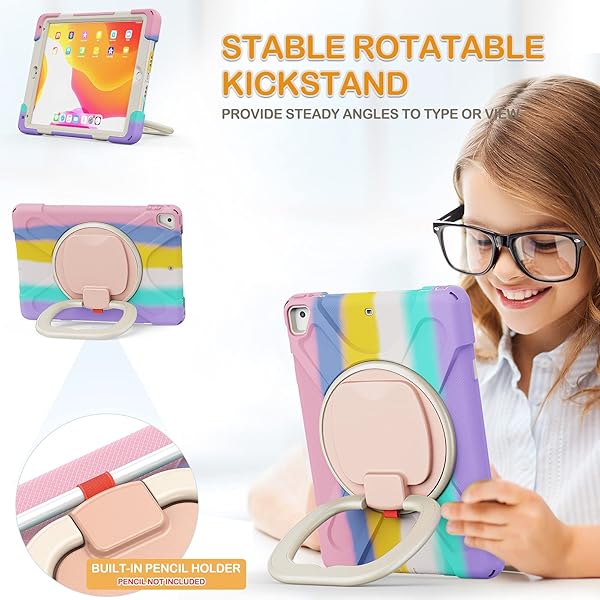 BRAECN BRAECN iPad Case for Kids Heavy Duty Silicone with Kickstand Grip Strap and Pencil Holder for iPad 9.7 Colorful Pink - View 3 of 6