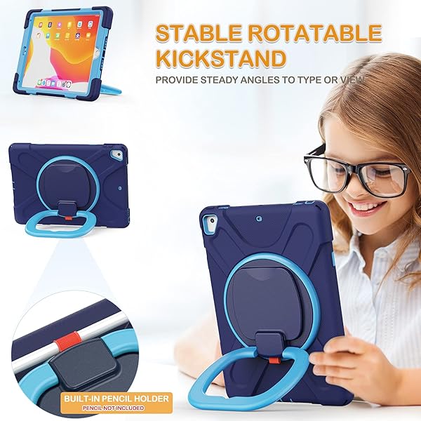 BRAECN BRAECN Silicone Case for iPad 6th 5th Generation Pro 9.7 Air 2 Triple Protection with Kickstand Hand Grip Pencil Holder Shoulder Strap Navy Blue - View 3 of 6