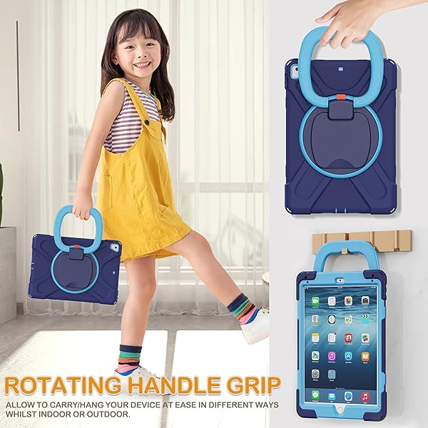 BRAECN BRAECN Silicone Case for iPad 6th 5th Generation Pro 9.7 Air 2 Triple Protection with Kickstand Hand Grip Pencil Holder Shoulder Strap Navy Blue - View 4 of 6