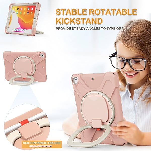 BRAECN BRAECN Functional Kids Case for iPad 6th 5th Generation Rugged Silicone Cover with Hand Grip Pencil Holder Shoulder Strap Kickstand Rose Gold - View 3 of 6
