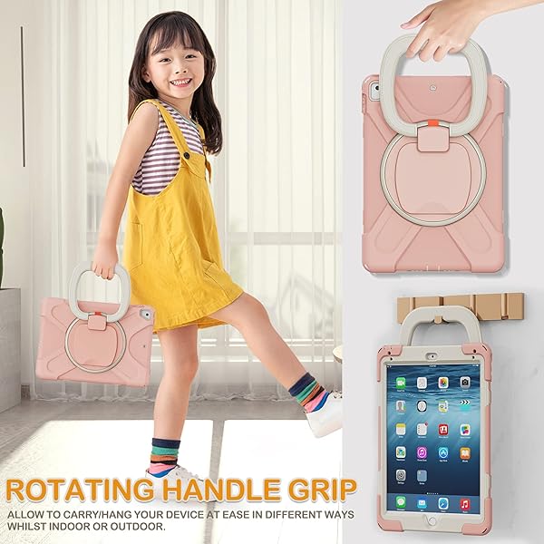 BRAECN BRAECN Functional Kids Case for iPad 6th 5th Generation Rugged Silicone Cover with Hand Grip Pencil Holder Shoulder Strap Kickstand Rose Gold - View 4 of 6