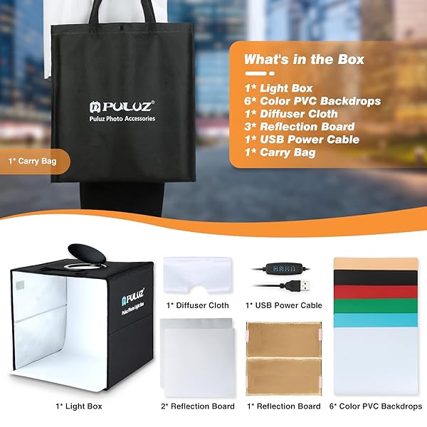 PULUZ PULUZ 11.8 Inch Folding Photo Studio Box with LED Ring Light and 6 Backdrops for Portable Photography with Phones and DSLR Cameras - View 7 of 7