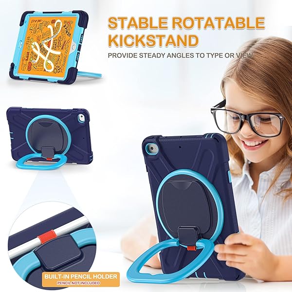 BRAECN BRAECN Heavy Duty Case for iPad Mini 5th and 4th Generation Rugged Full Body Protection with Pencil Holder and Kickstand Navy Blue - View 3 of 6