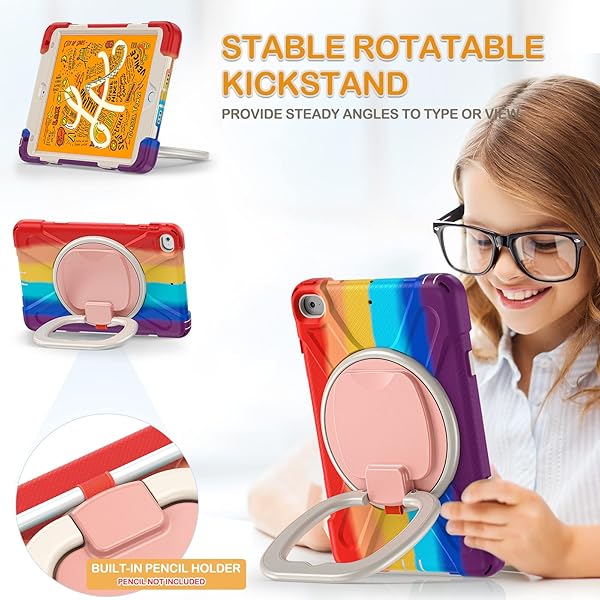 BRAECN BRAECN iPad Mini 5 and 4 Case Rugged Silicone Cover with Shoulder Strap Pencil Holder Swivel Hand Grip Kickstand for Kids Colorful Red - View 3 of 6