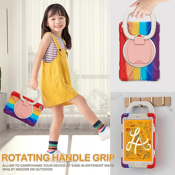 BRAECN BRAECN iPad Mini 5 and 4 Case Rugged Silicone Cover with Shoulder Strap Pencil Holder Swivel Hand Grip Kickstand for Kids Colorful Red - View 4 of 6