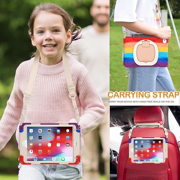 BRAECN BRAECN iPad Mini 5 and 4 Case Rugged Silicone Cover with Shoulder Strap Pencil Holder Swivel Hand Grip Kickstand for Kids Colorful Red - View 5 of 6