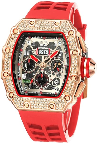 FANMIS Men's Bling Punk Diamond Chronograph Watch - Stylish Red Rose Silicone Sports Wrist Watch