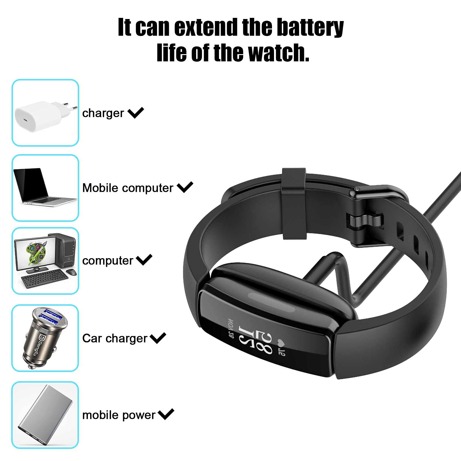 TopPerfekt TopPerfekt 2-Pack 1.0 ft USB Cable for Fitbit Inspire 2 and ACE 3 Charging on the Go, Laptop, PC - View 3 of 7