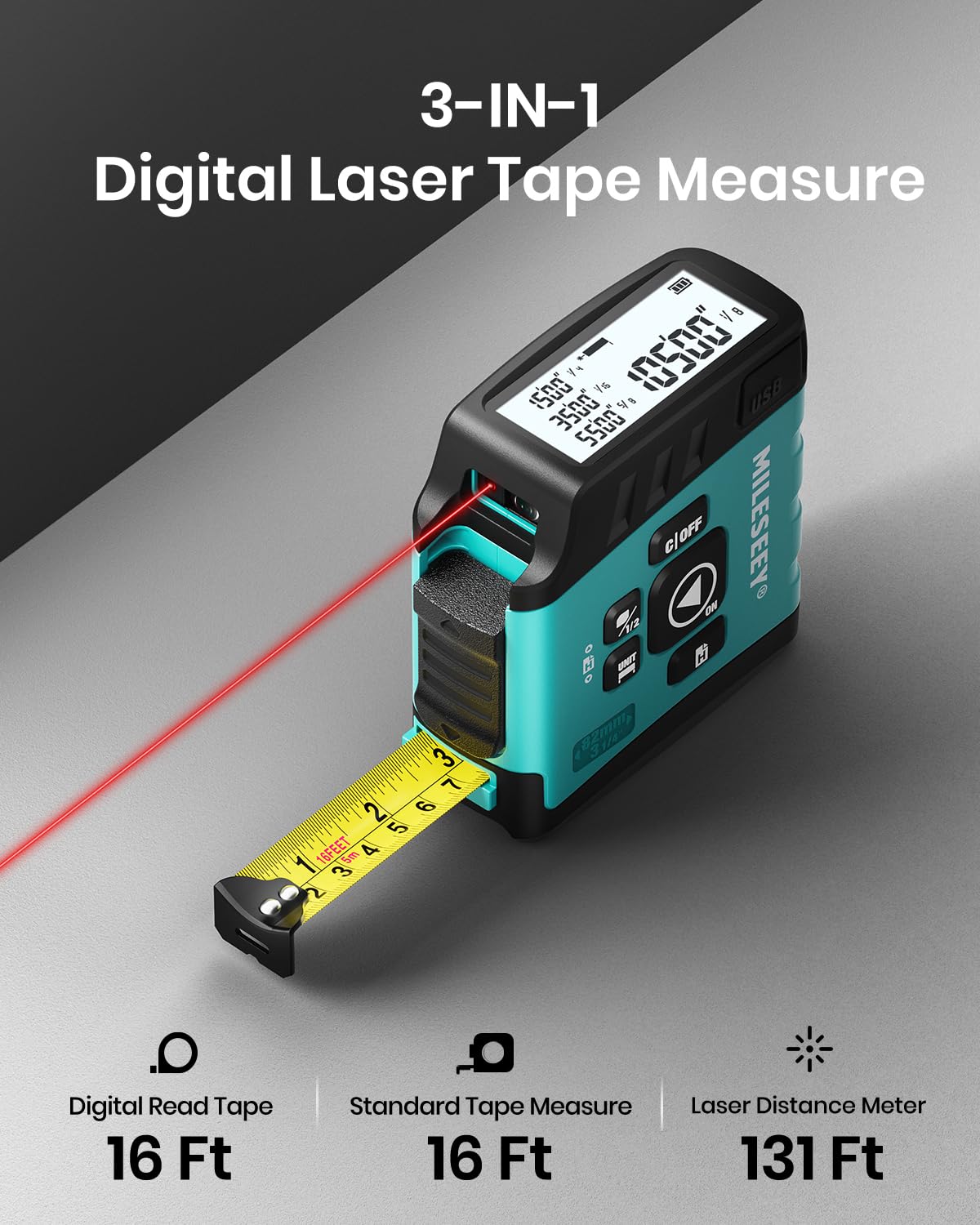 MiLESEEY MiLESEEY DT20 Digital Laser Tape Measure,130FT Laser Measuring Tool,16FT Easy Read Digital Measuring Tape Retractable with Fractions,Rechargeable - View 2 of 9
