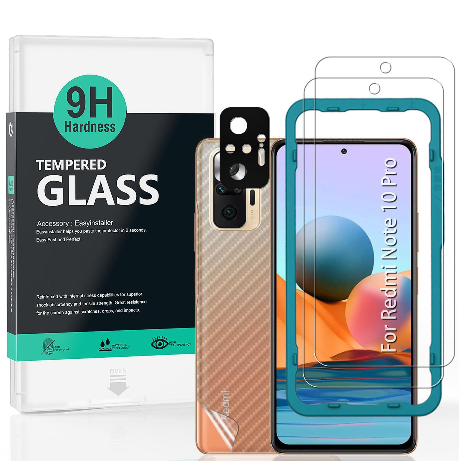 Ibywind Ibywind Screen Protector For Redmi Note 10 Pro 4G (6.67 Inches) with 2Pcs Tempered Glass,1Pc Camera Lens Protector,1Pc Backing Carbon Fiber Film