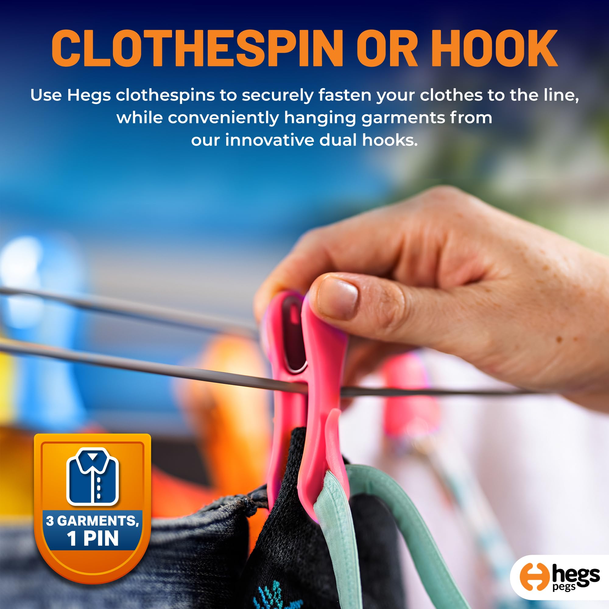 Hegs Hegs - The Smartest Heavy Duty Clothespins with Hooks (24 Pack Orange, Pink, Blue) - Hang 3 Garments at Once with Our Tough, Dual Hooks Clothes Pins - View 3 of 8