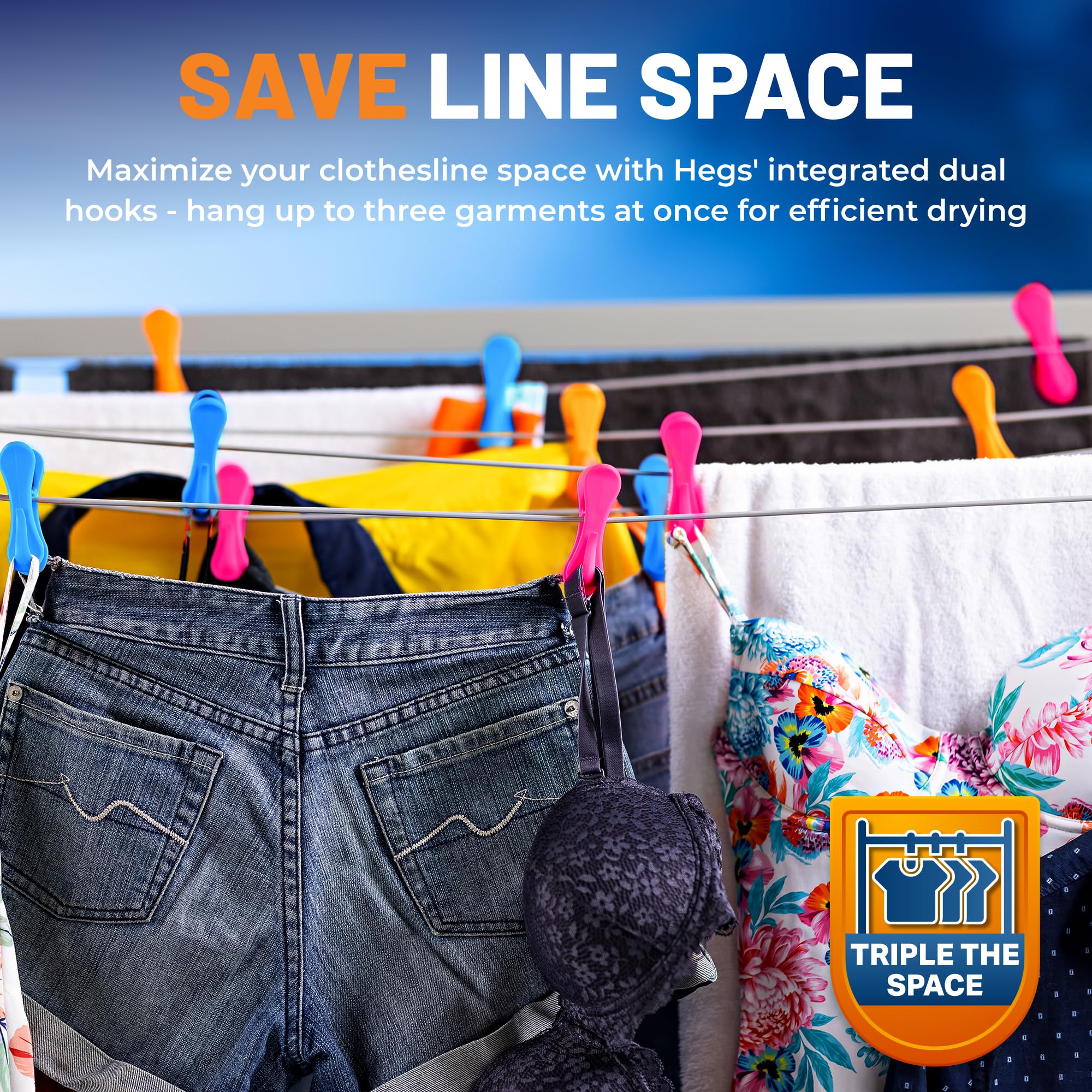 Hegs Hegs - The Smartest Heavy Duty Clothespins with Hooks (24 Pack Orange, Pink, Blue) - Hang 3 Garments at Once with Our Tough, Dual Hooks Clothes Pins - View 5 of 8