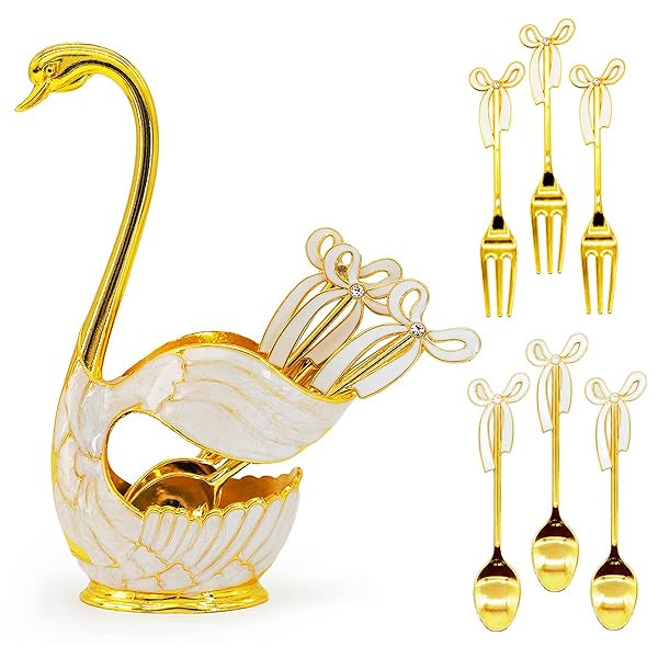 Flylin Elegant Gold Coffee Dessert Spoon & Fork Set with Swan Base Holder - Perfect for Ice Cream & Fruit Treats