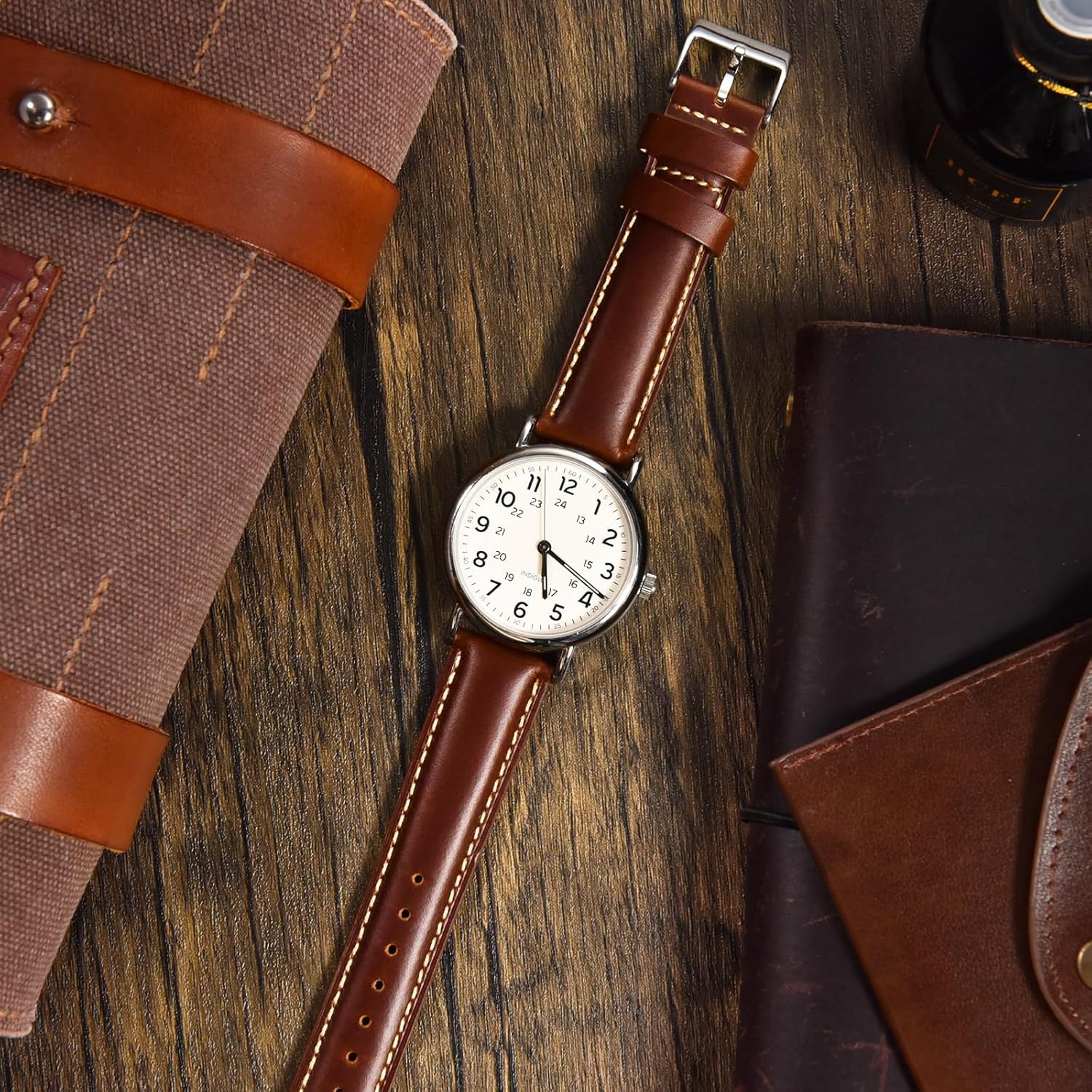 Ritche Ritche Quick Release Leather Watch Band 18mm 19mm 20mm 21mm 22mm 23mm 24mm Leather Watch Strap, Dark Coffee and Khaki and Silver, 22 mm, Vintage - View 2 of 7