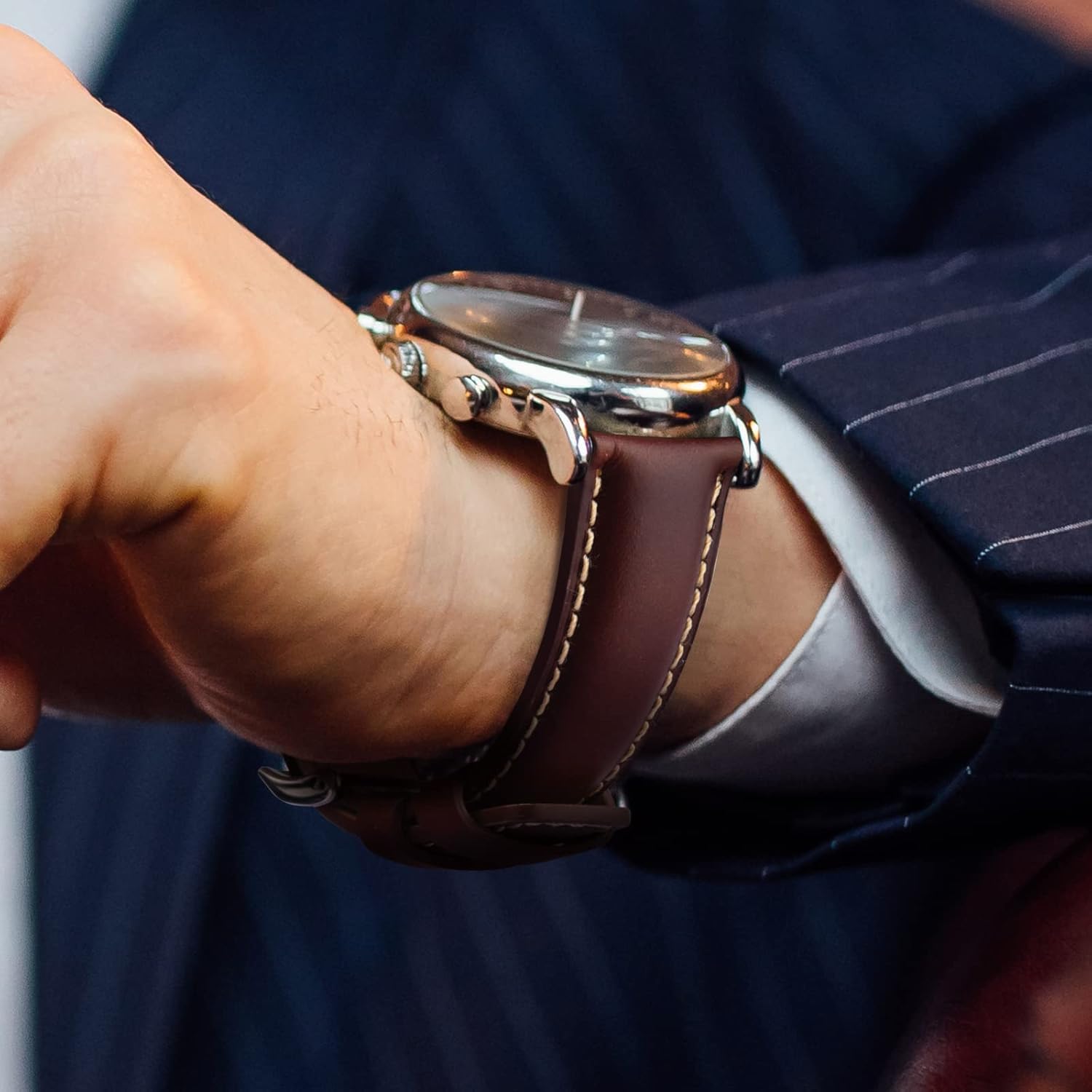 Ritche Ritche Quick Release Leather Watch Band 18mm 19mm 20mm 21mm 22mm 23mm 24mm Leather Watch Strap, Dark Coffee and Khaki and Silver, 22 mm, Vintage - View 3 of 7