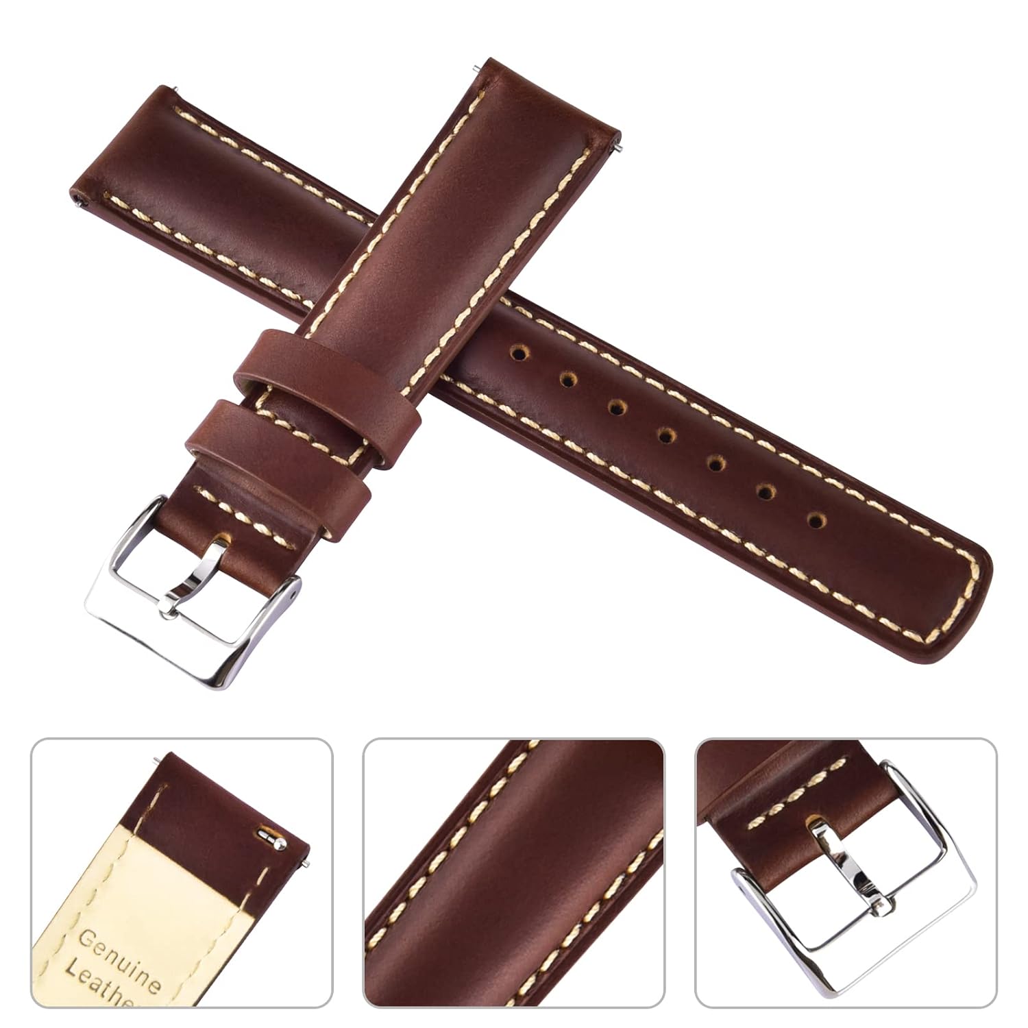 Ritche Ritche Quick Release Leather Watch Band 18mm 19mm 20mm 21mm 22mm 23mm 24mm Leather Watch Strap, Dark Coffee and Khaki and Silver, 22 mm, Vintage - View 4 of 7