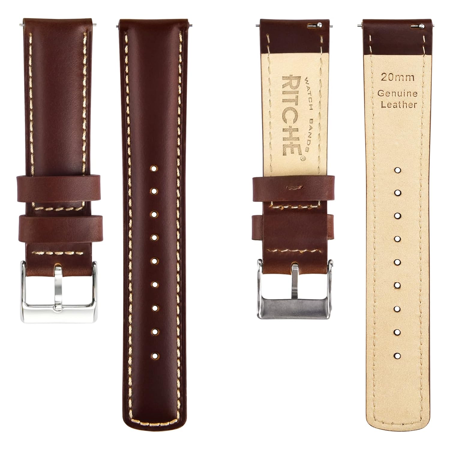 Ritche Ritche Quick Release Leather Watch Band 18mm 19mm 20mm 21mm 22mm 23mm 24mm Leather Watch Strap, Dark Coffee and Khaki and Silver, 22 mm, Vintage - View 5 of 7