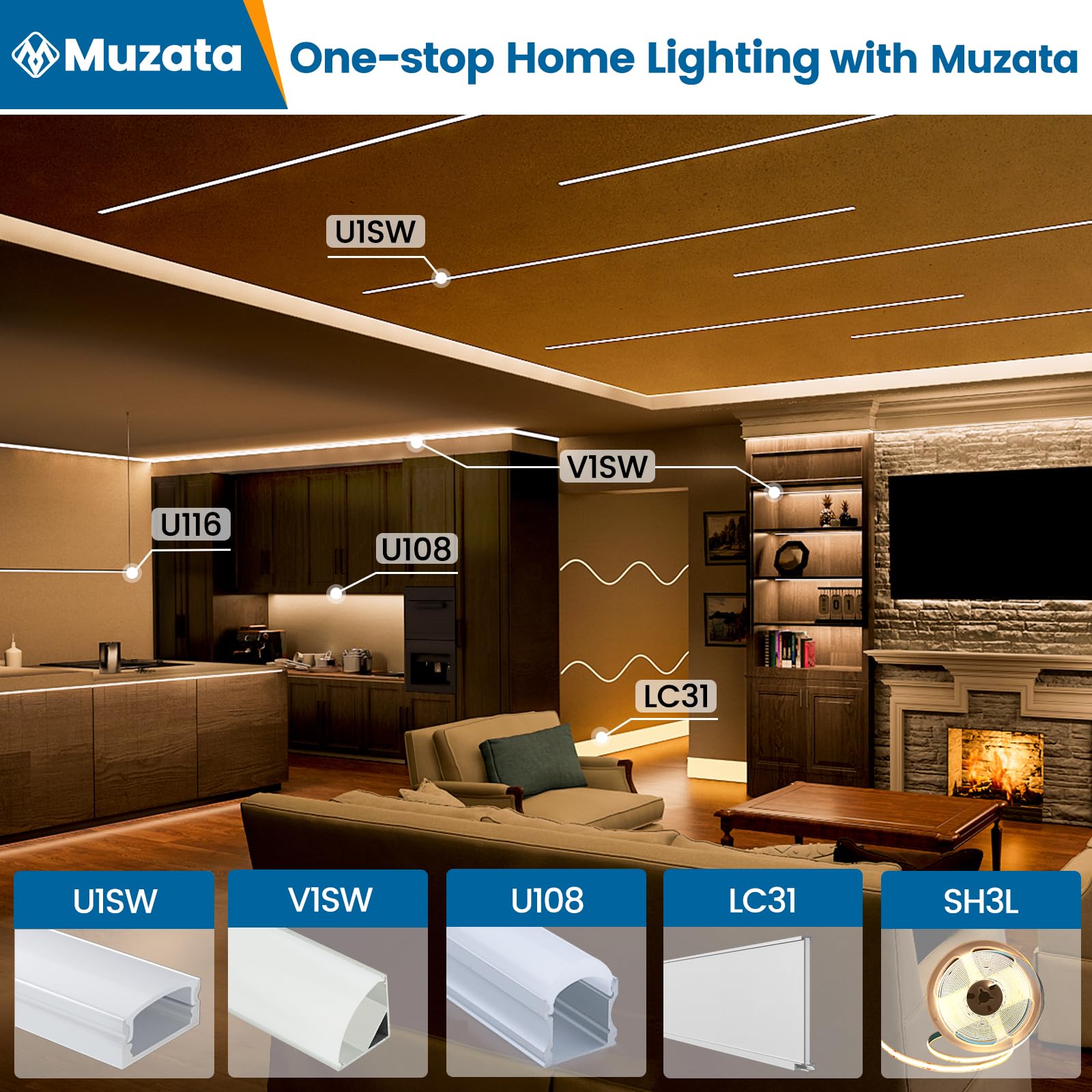 Muzata Muzata 20Pack 6.6FT 2M V Shape LED Channel Black Aluminum LED Strip Diffuser Channel with Milky White Cover Corner Lighting Easy Installation V1SW BW - View 5 of 8