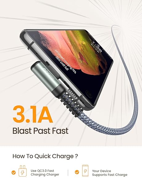 AINOPE 10FT USB C Cable 3.1A Fast Charge AINOPE Right Angle Type C Cable for Quick Charging and Data Transfer - View 3 of 7