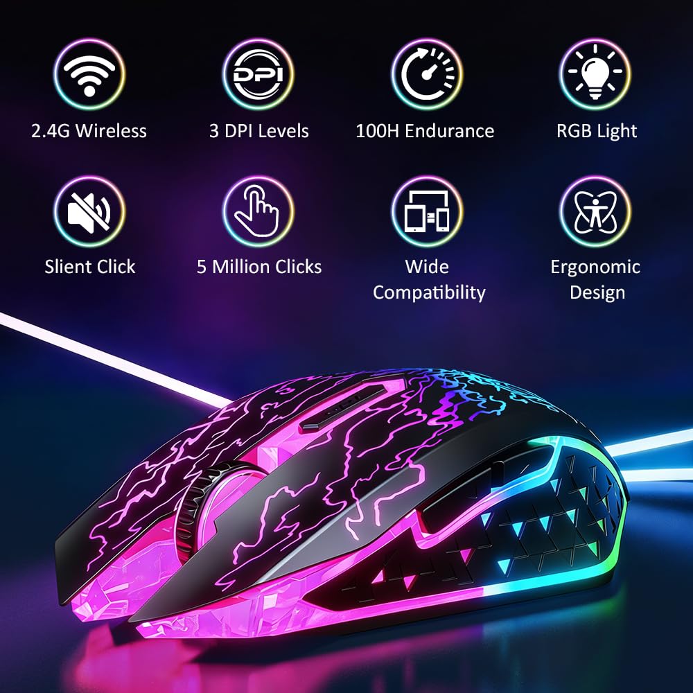 VersionTECH. VersionTECH. Wireless Gaming Mouse, Rechargeable Computer Mouse Mice with Colorful LED Lights, Silent Click, 2.4G USB Nano Receiver, 3 Level DPI for - View 2 of 9