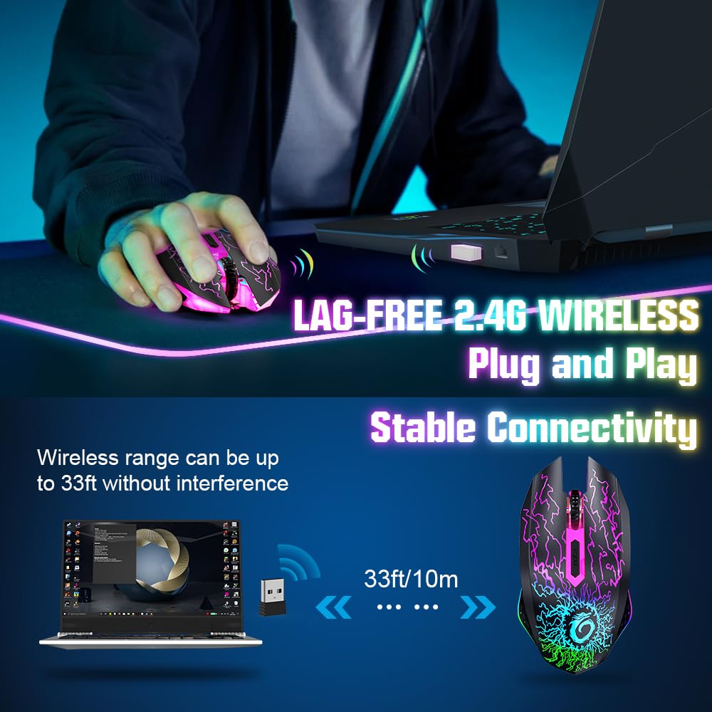 VersionTECH. VersionTECH. Wireless Gaming Mouse, Rechargeable Computer Mouse Mice with Colorful LED Lights, Silent Click, 2.4G USB Nano Receiver, 3 Level DPI for - View 3 of 9