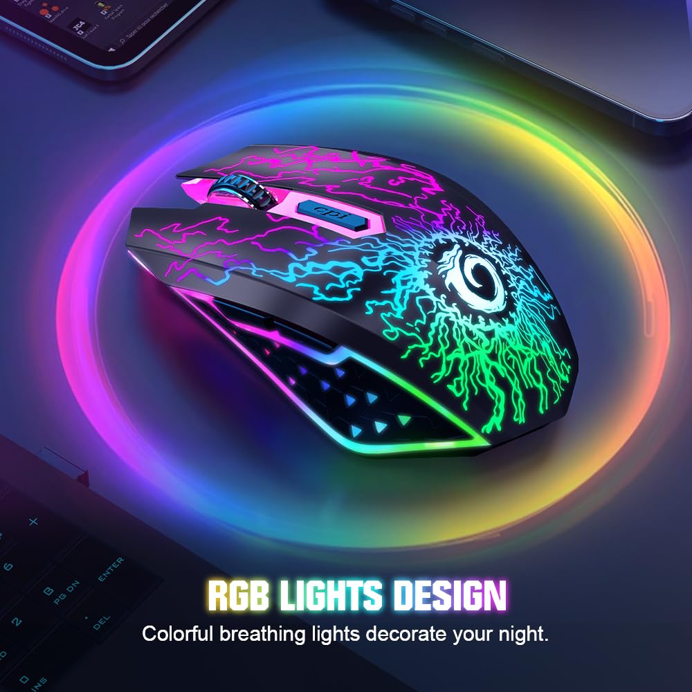 VersionTECH. VersionTECH. Wireless Gaming Mouse, Rechargeable Computer Mouse Mice with Colorful LED Lights, Silent Click, 2.4G USB Nano Receiver, 3 Level DPI for - View 4 of 9
