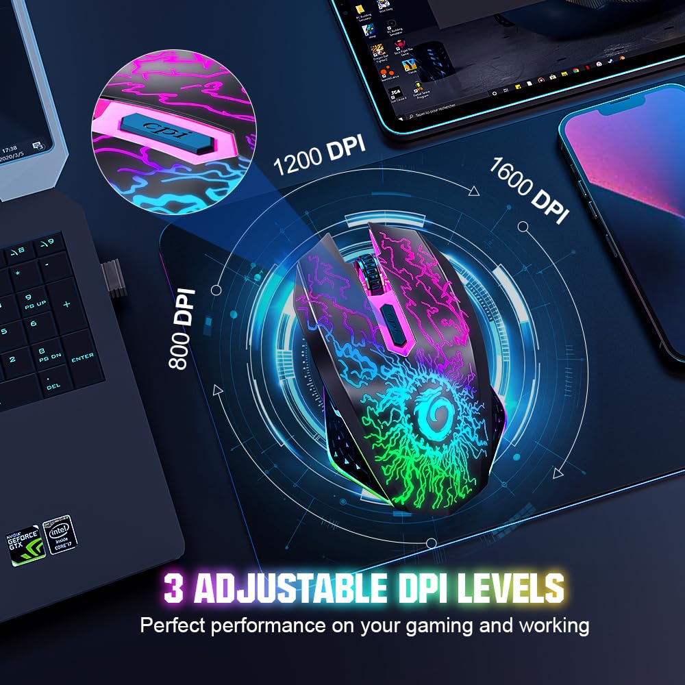 VersionTECH. VersionTECH. Wireless Gaming Mouse, Rechargeable Computer Mouse Mice with Colorful LED Lights, Silent Click, 2.4G USB Nano Receiver, 3 Level DPI for - View 5 of 9