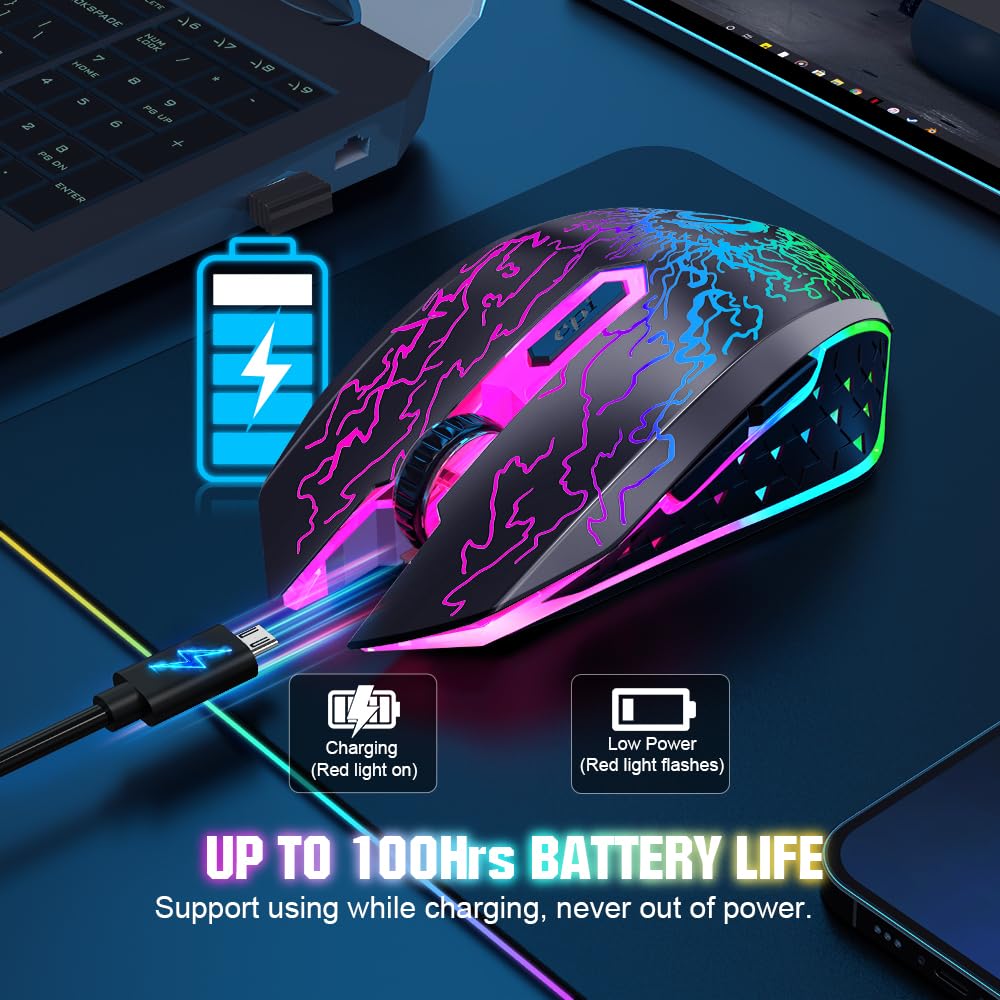 VersionTECH. VersionTECH. Wireless Gaming Mouse, Rechargeable Computer Mouse Mice with Colorful LED Lights, Silent Click, 2.4G USB Nano Receiver, 3 Level DPI for - View 6 of 9