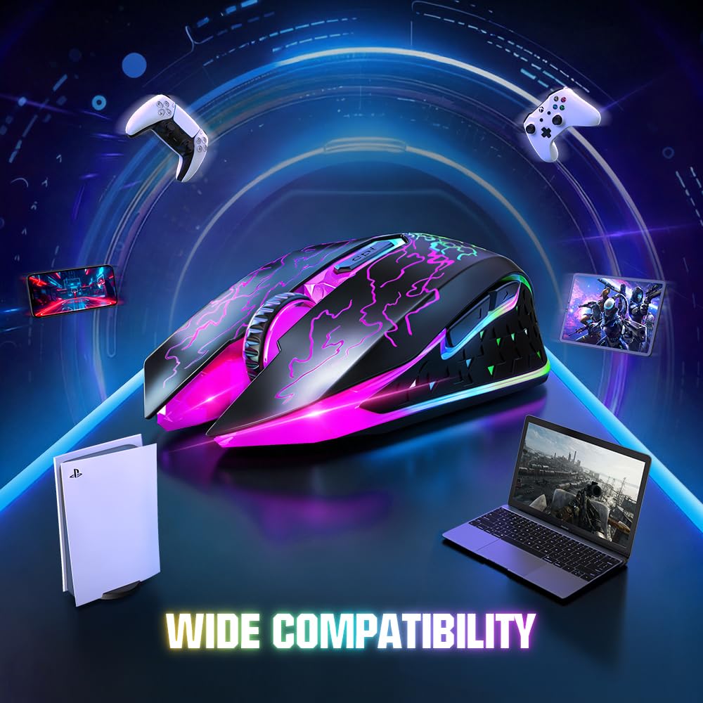 VersionTECH. VersionTECH. Wireless Gaming Mouse, Rechargeable Computer Mouse Mice with Colorful LED Lights, Silent Click, 2.4G USB Nano Receiver, 3 Level DPI for - View 7 of 9