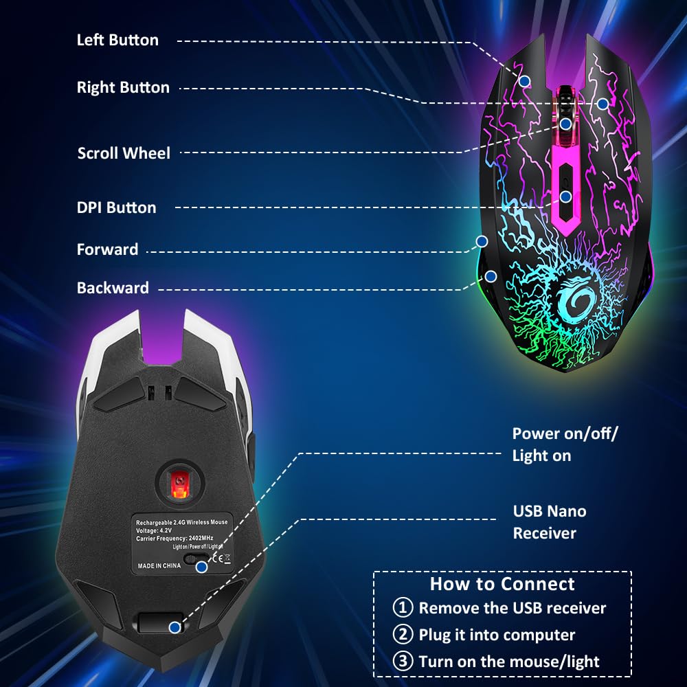 VersionTECH. VersionTECH. Wireless Gaming Mouse, Rechargeable Computer Mouse Mice with Colorful LED Lights, Silent Click, 2.4G USB Nano Receiver, 3 Level DPI for - View 8 of 9