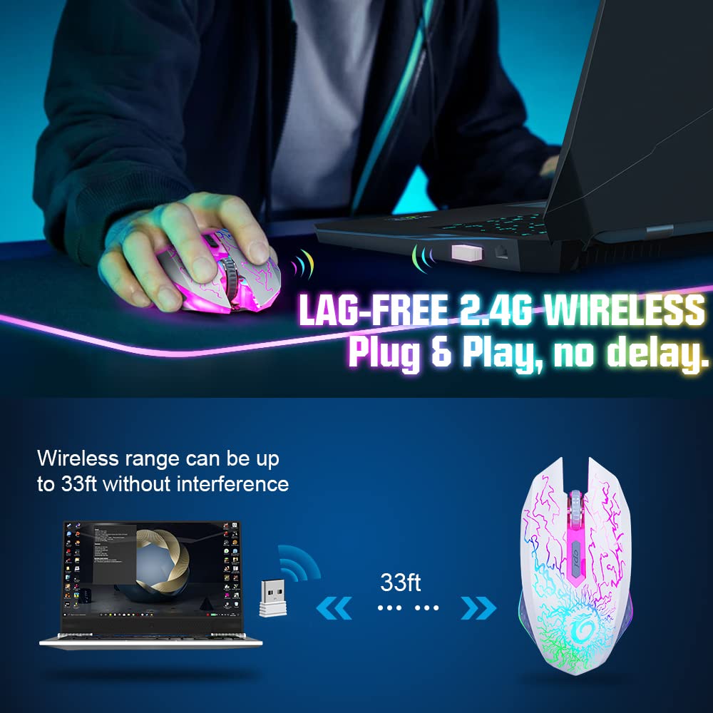 VersionTECH. VersionTECH Rechargeable Wireless Gaming Mouse with 7 RGB Lights Silent Click USB 2.4g Level 3 DPI for Laptop Desktop PC Chromebook Mac - View 2 of 6