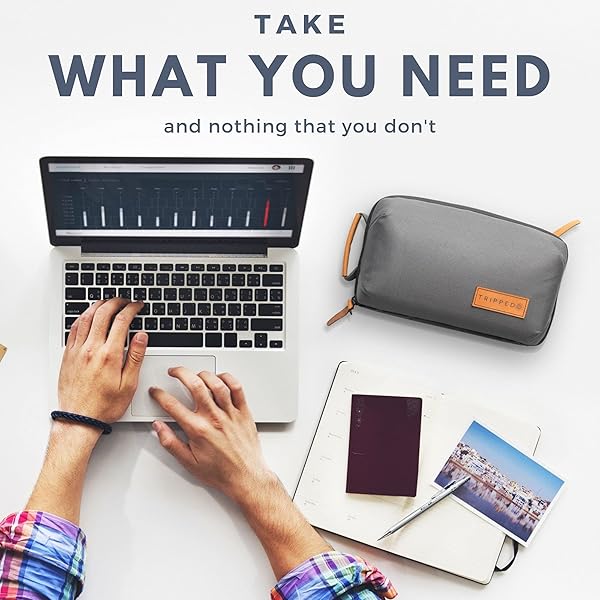 TRIPPED Travel Gear Tech Bag Organizer Small Electronics Pouch for Travel Premium Case with Leather Accents Mesh Pocket for Cables and Chargers Grey - View 4 of 7