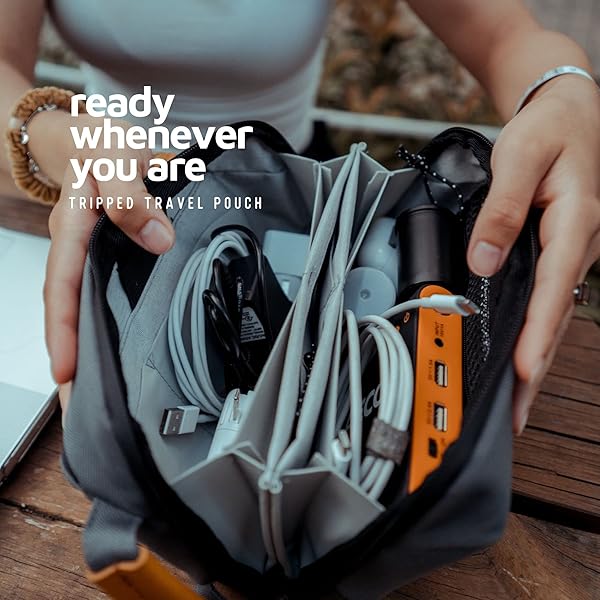 TRIPPED Travel Gear Tech Bag Organizer Small Electronics Pouch for Travel Premium Case with Leather Accents Mesh Pocket for Cables and Chargers Grey - View 6 of 7