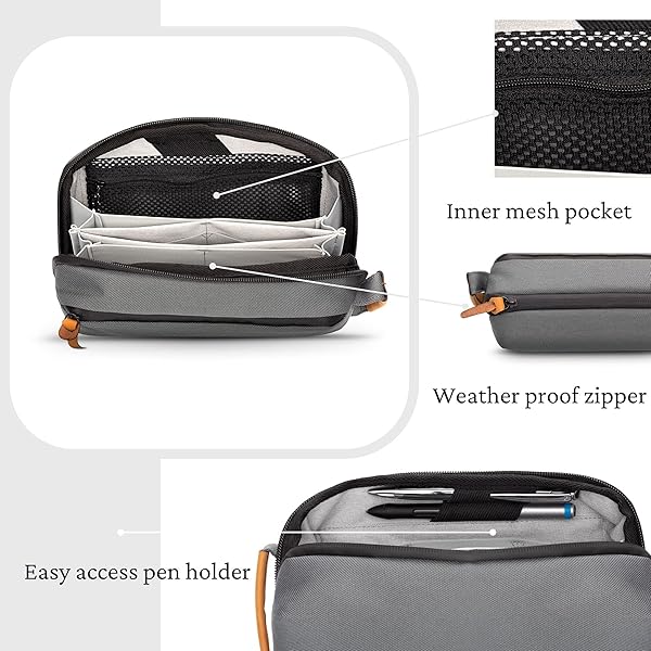 TRIPPED Travel Gear Tech Bag Organizer Small Electronics Pouch for Travel Premium Case with Leather Accents Mesh Pocket for Cables and Chargers Grey - View 7 of 7