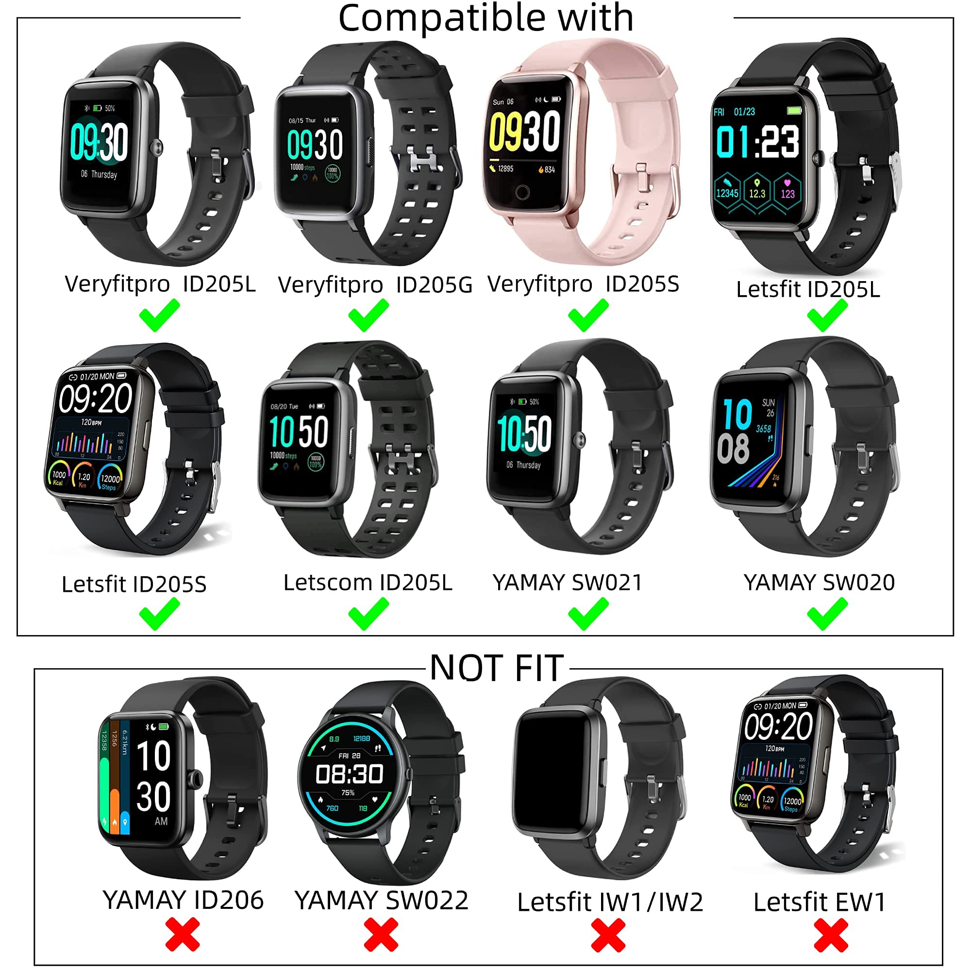 E ECSEM Compatible with Veryfitpro ID205L ID205 ID205U ID205S ID205G SW020 SW021 Smart Watch Bands Soft Silicone Waterproof Adjustable Replacement Bands for - View 3 of 8
