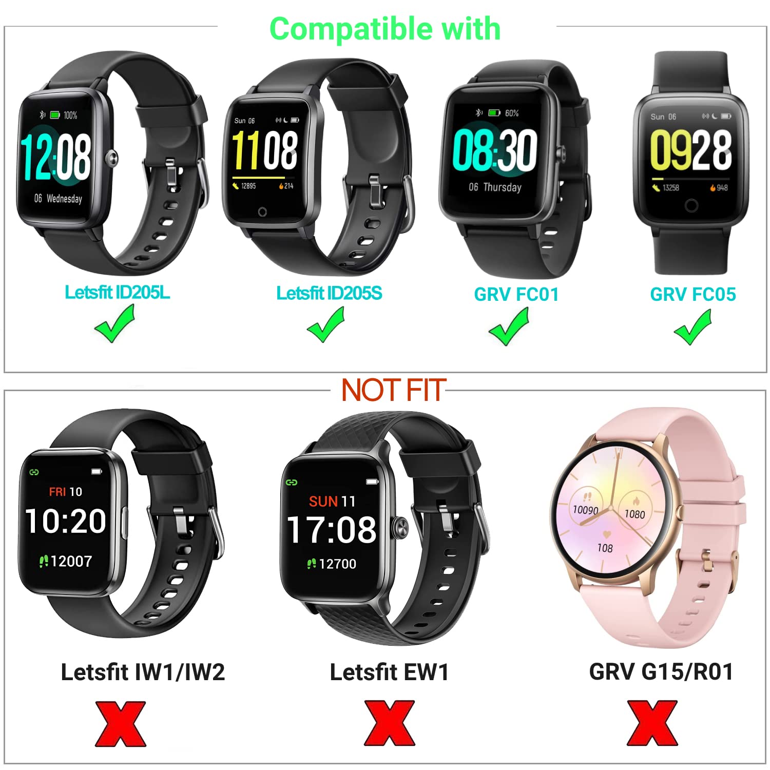 E ECSEM ECSEM Replacement Bands for Letsfit ID205L ID205S Smart Watch Soft Silicone Quick Release Wristbands for Veryfitpro - View 7 of 8