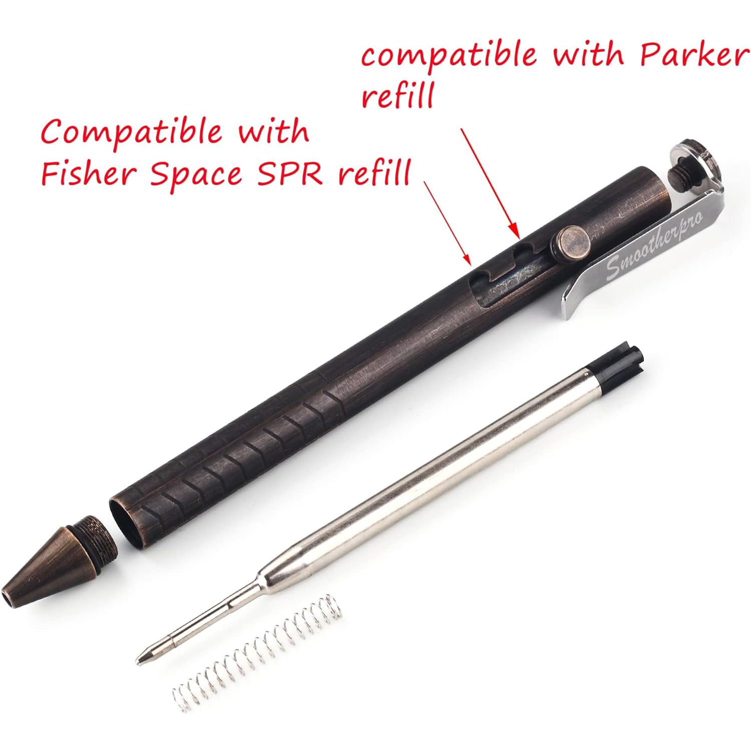 SMOOTHERPRO SMOOTHERPRO Solid Brass Bolt Action Pen Compatible with Fisher Space SPR Refill Weight Balanced for Tremor Parkinson Arthritic Signature Retro Black - View 2 of 7