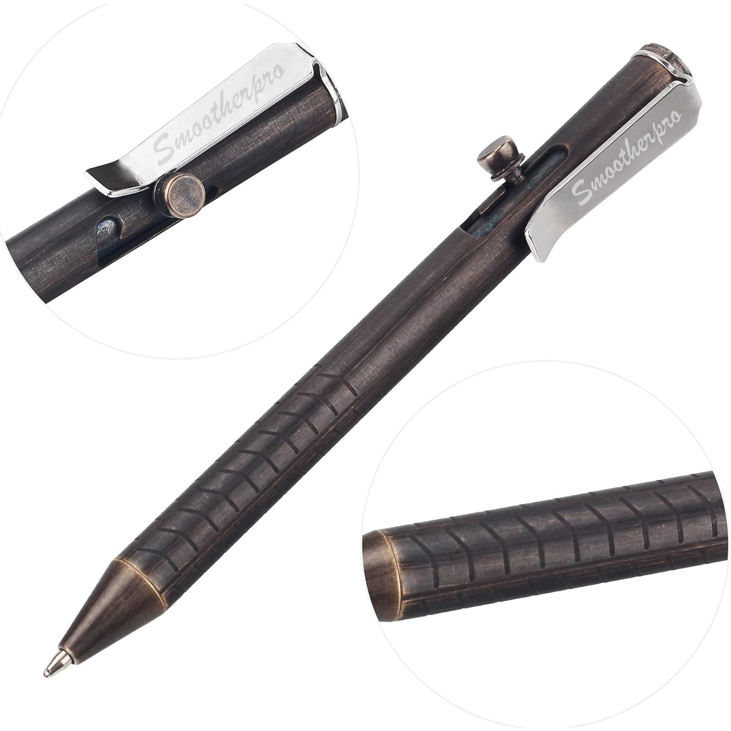 SMOOTHERPRO SMOOTHERPRO Solid Brass Bolt Action Pen Compatible with Fisher Space SPR Refill Weight Balanced for Tremor Parkinson Arthritic Signature Retro Black - View 4 of 7