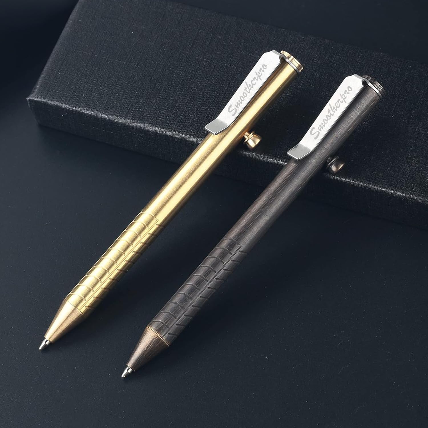 SMOOTHERPRO SMOOTHERPRO Solid Brass Bolt Action Pen Compatible with Fisher Space SPR Refill Weight Balanced for Tremor Parkinson Arthritic Signature Retro Black - View 5 of 7