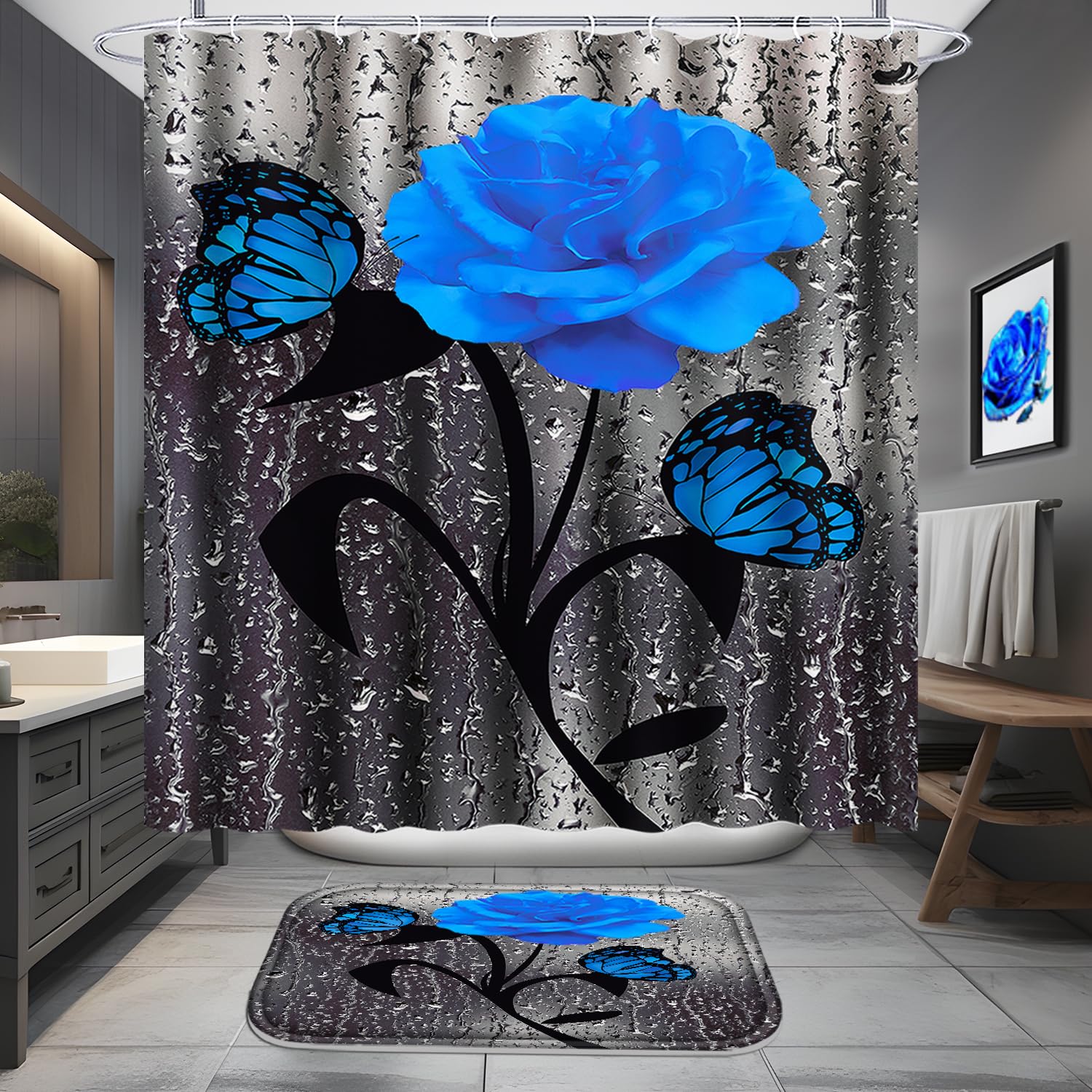 Poedist 4 Pcs Blue Rose Bathroom Set Floral Shower Curtain Rugs Bath Mat U Shape Toilet Lid Cover and 12 Hooks - View 2 of 6