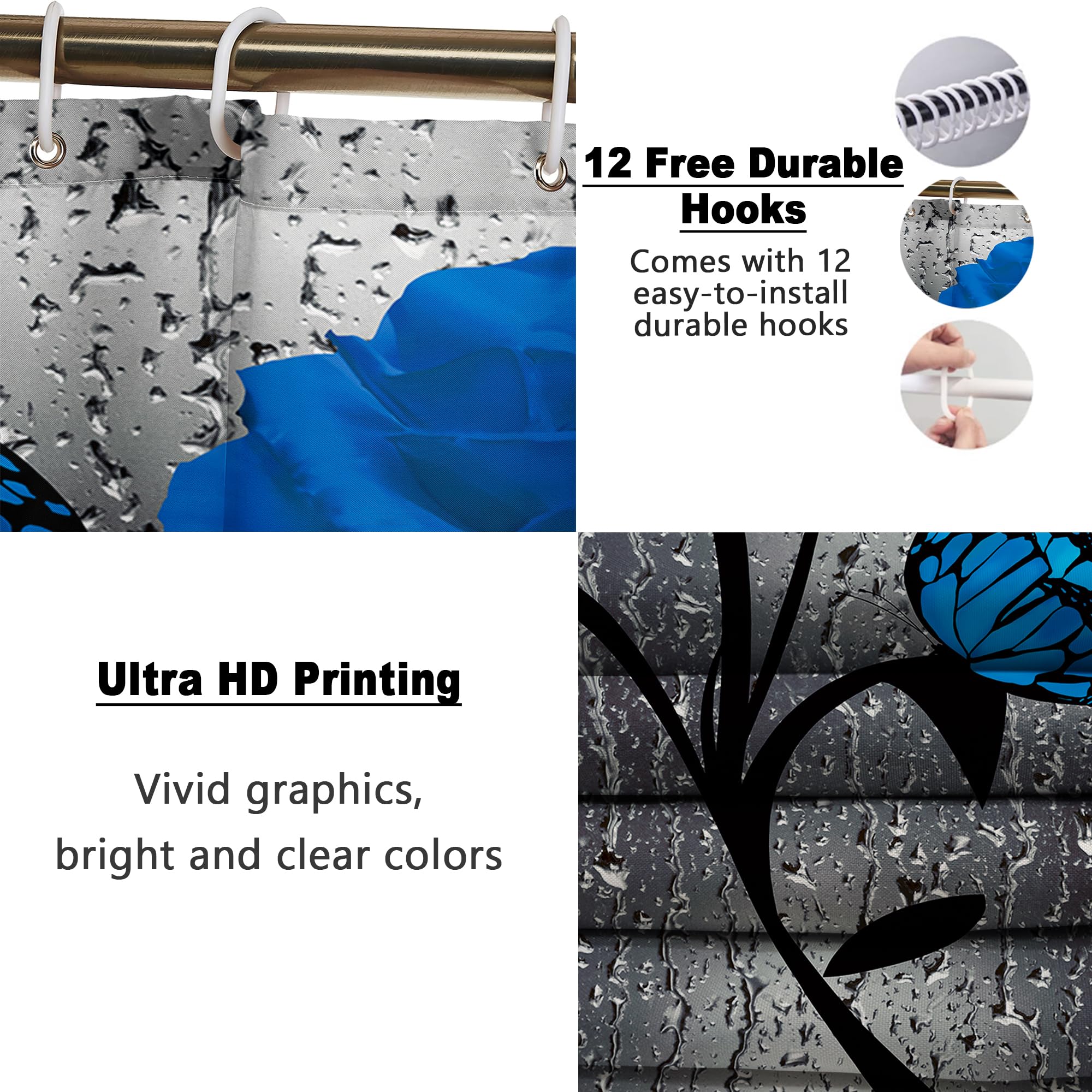 Poedist 4 Pcs Blue Rose Bathroom Set Floral Shower Curtain Rugs Bath Mat U Shape Toilet Lid Cover and 12 Hooks - View 3 of 6