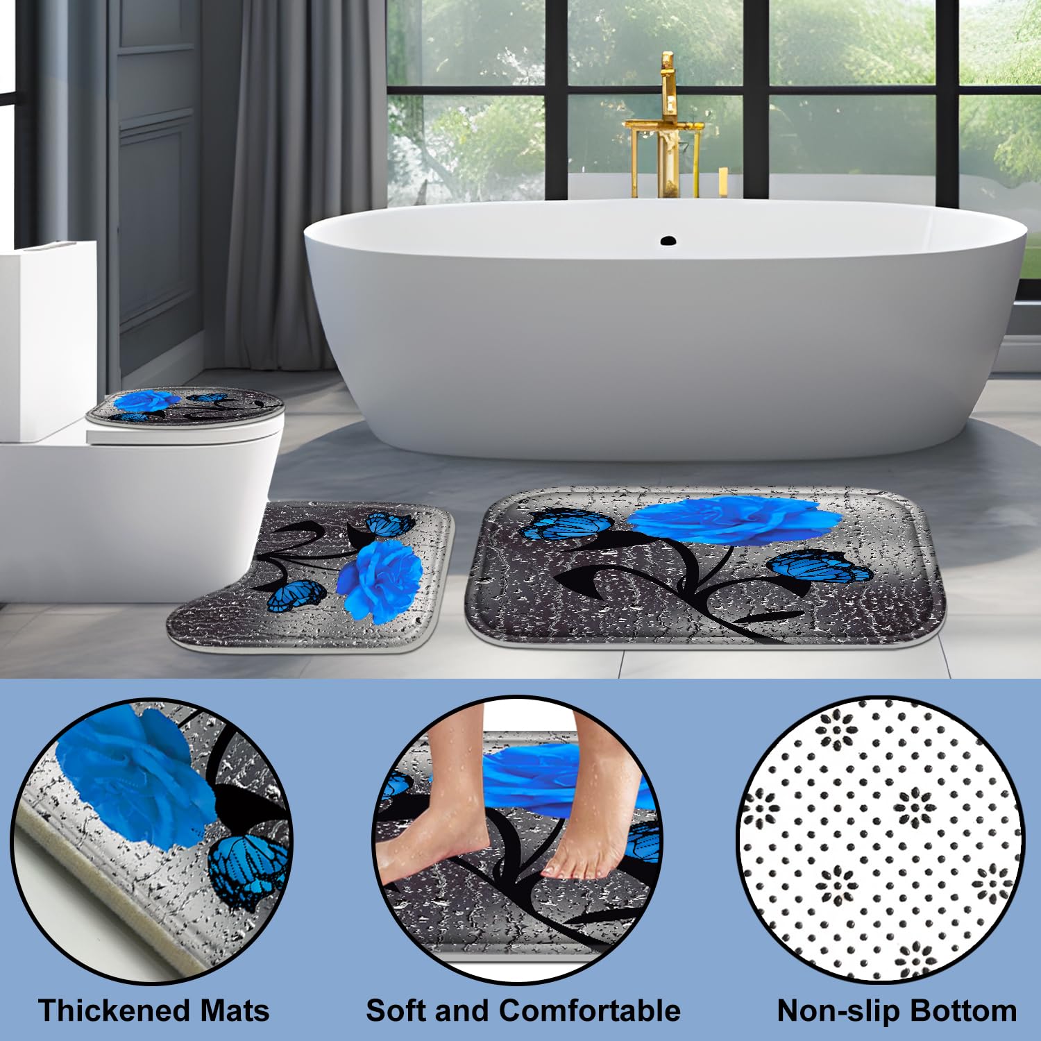 Poedist 4 Pcs Blue Rose Bathroom Set Floral Shower Curtain Rugs Bath Mat U Shape Toilet Lid Cover and 12 Hooks - View 4 of 6