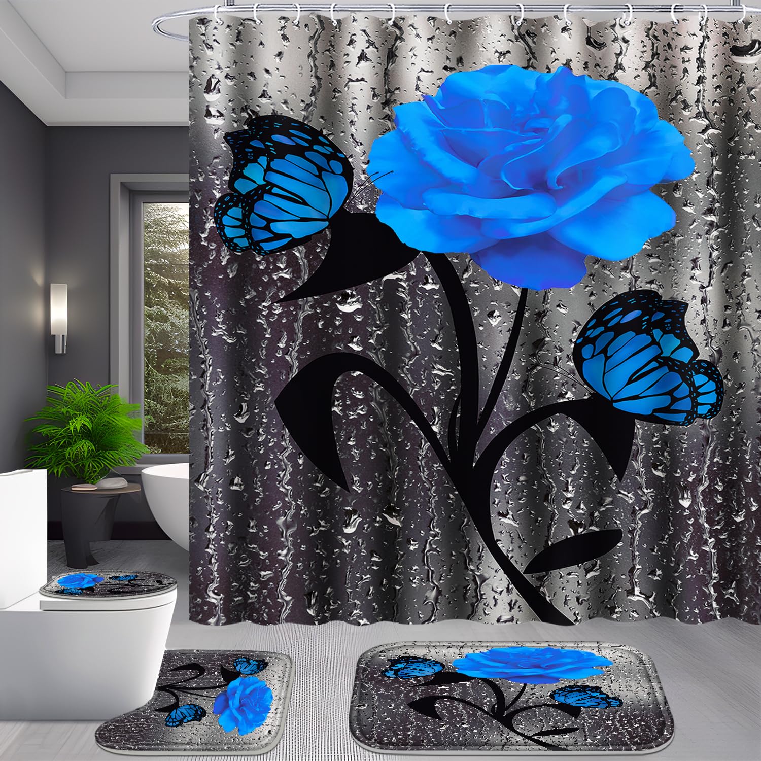 Poedist 4 Pcs Blue Rose Bathroom Set Floral Shower Curtain Rugs Bath Mat U Shape Toilet Lid Cover and 12 Hooks - View 5 of 6