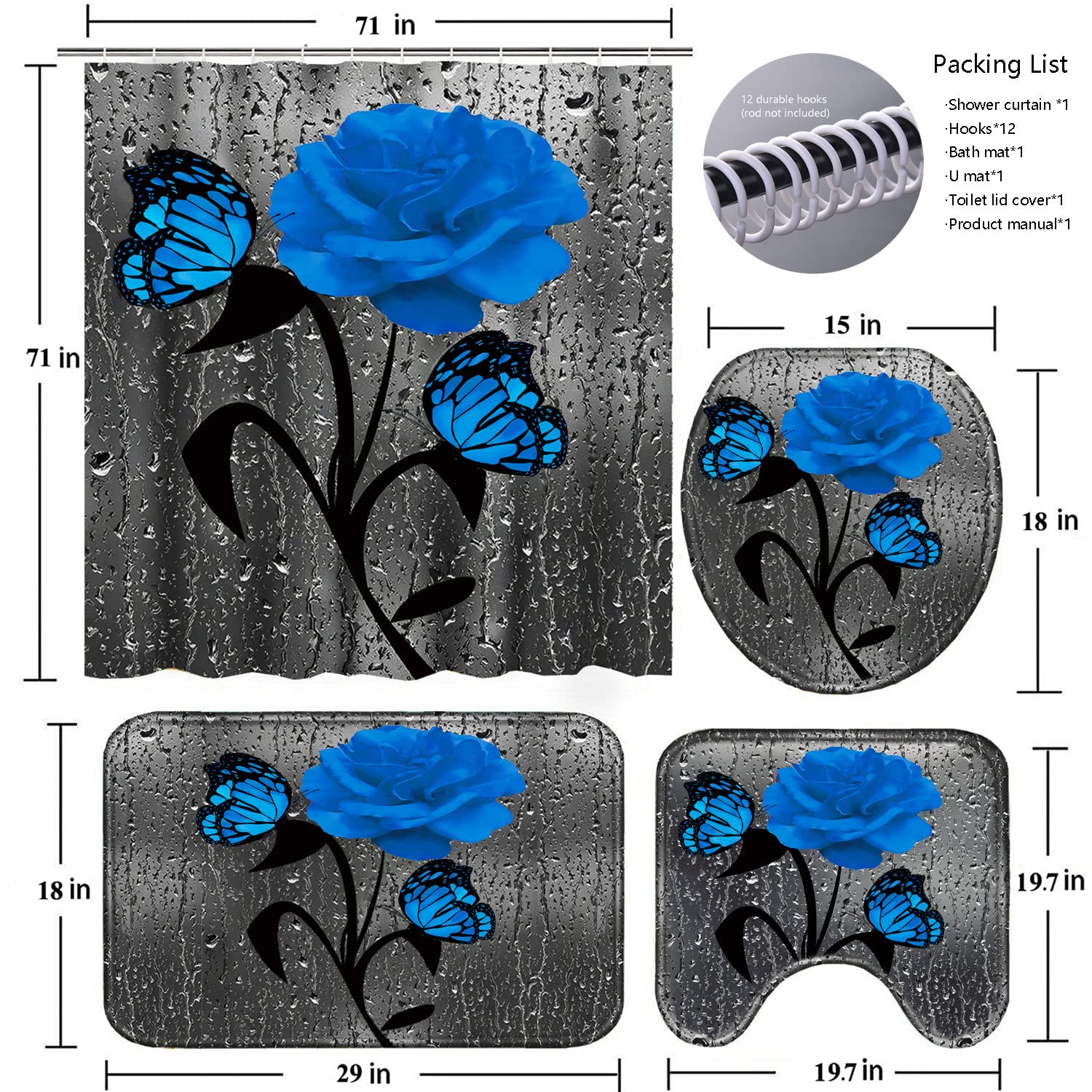 Poedist 4 Pcs Blue Rose Bathroom Set Floral Shower Curtain Rugs Bath Mat U Shape Toilet Lid Cover and 12 Hooks - View 6 of 6